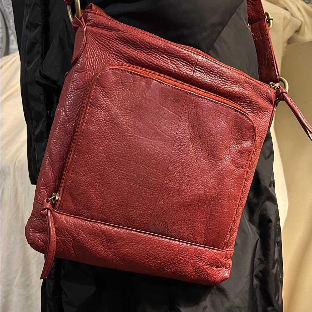 Red Leather Crossbody Bag, Built-in Wallet, approximately 10”x10”